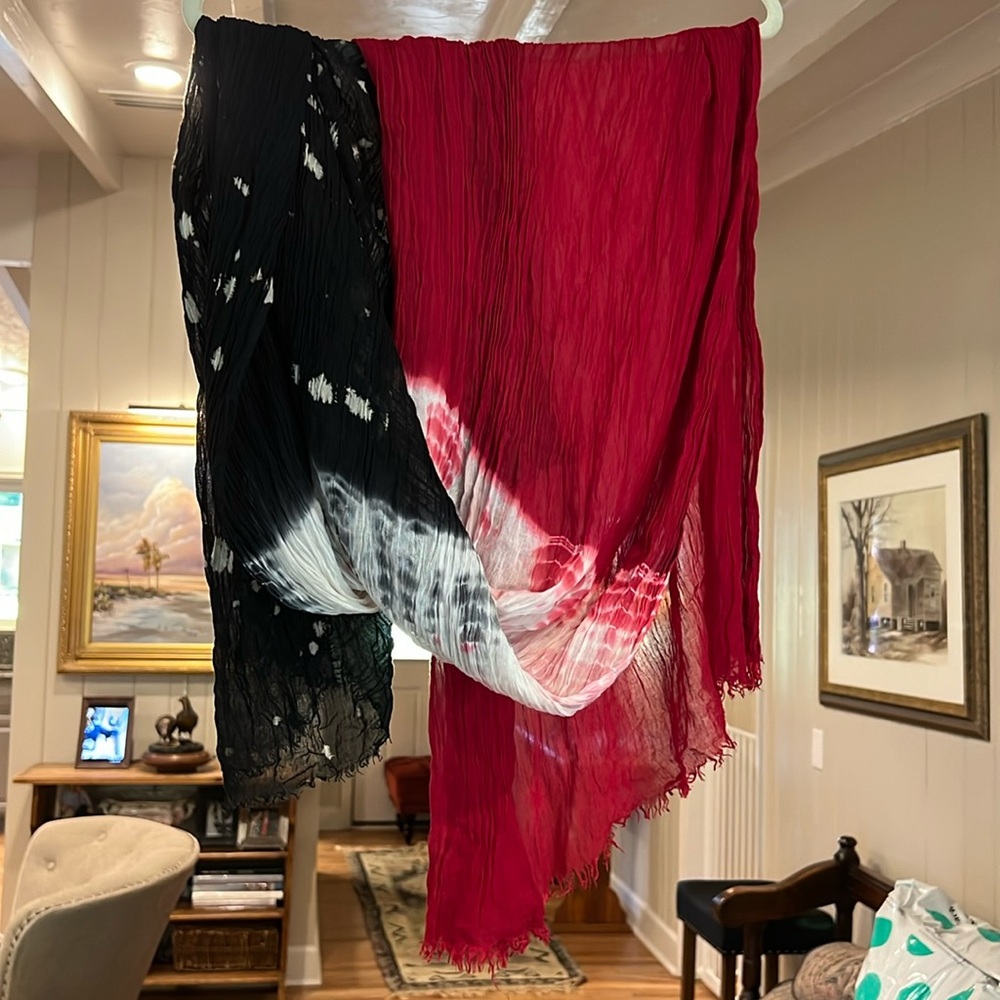 Lovestich tie die crinkle scarf in red, black and white